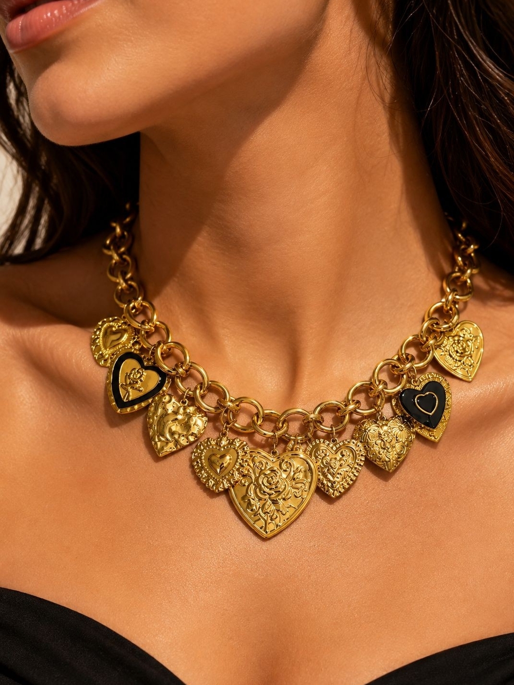 Gold Heart Charm Statement Necklace - Unbranded